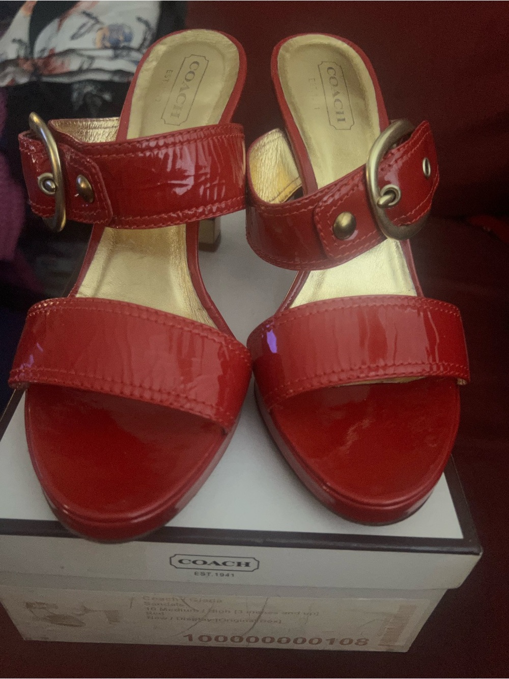 Coach Red Patent Leather Buckle Slide Heels